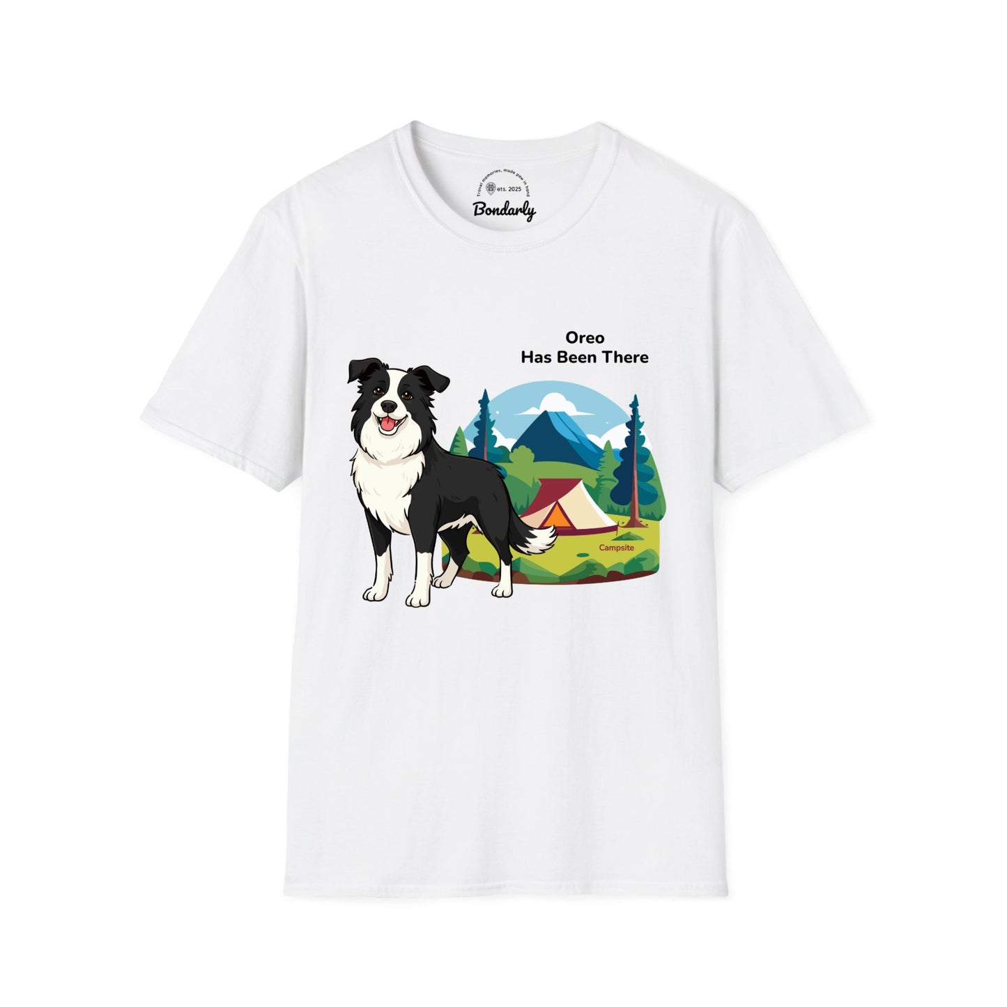 Personalized t-shirt with a dog illustration, dog name, "Has Been There" badge, and campsite illustration. Outdoor Adventure Series.