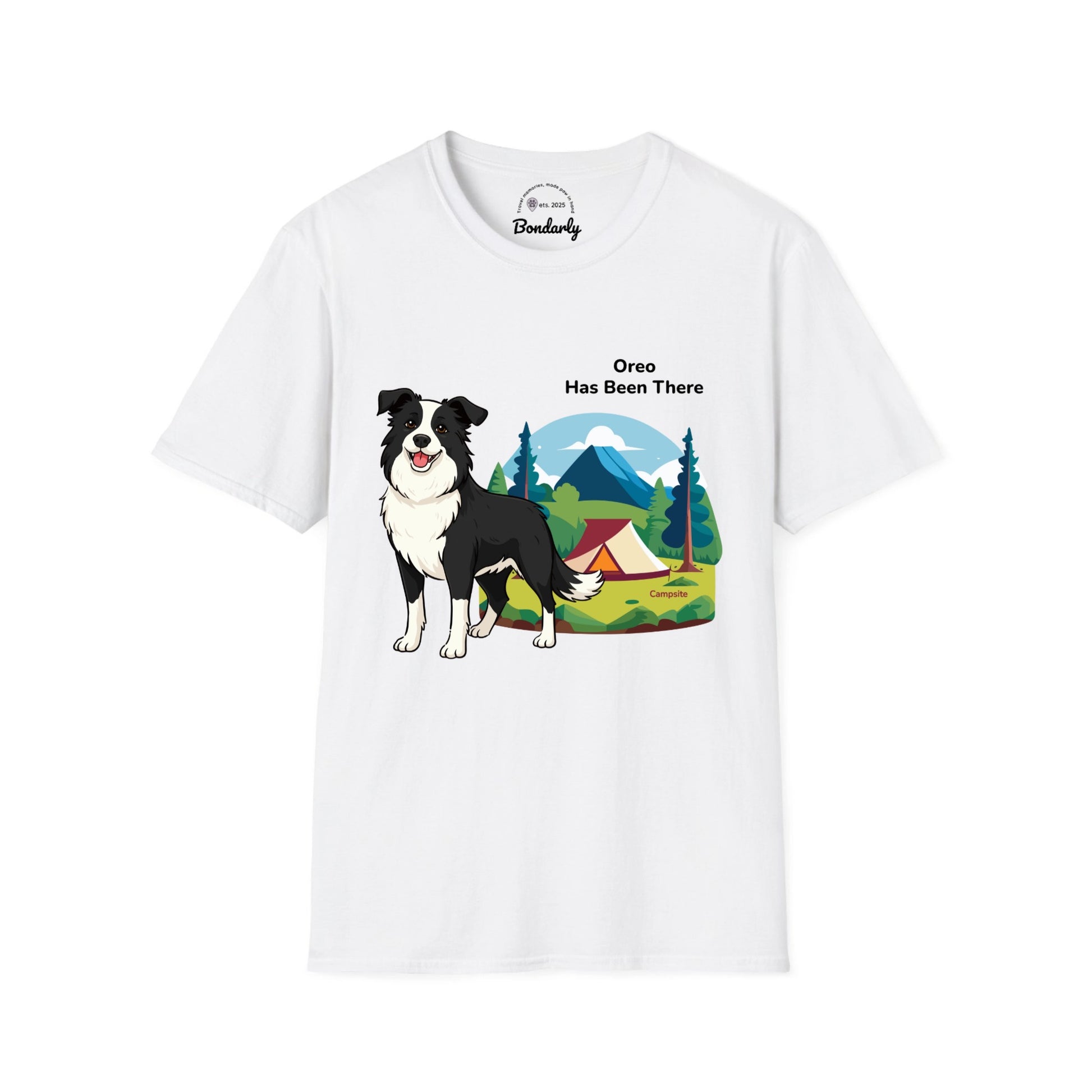 Personalized t-shirt with a dog illustration, dog name, "Has Been There" badge, and campsite illustration. Outdoor Adventure Series.