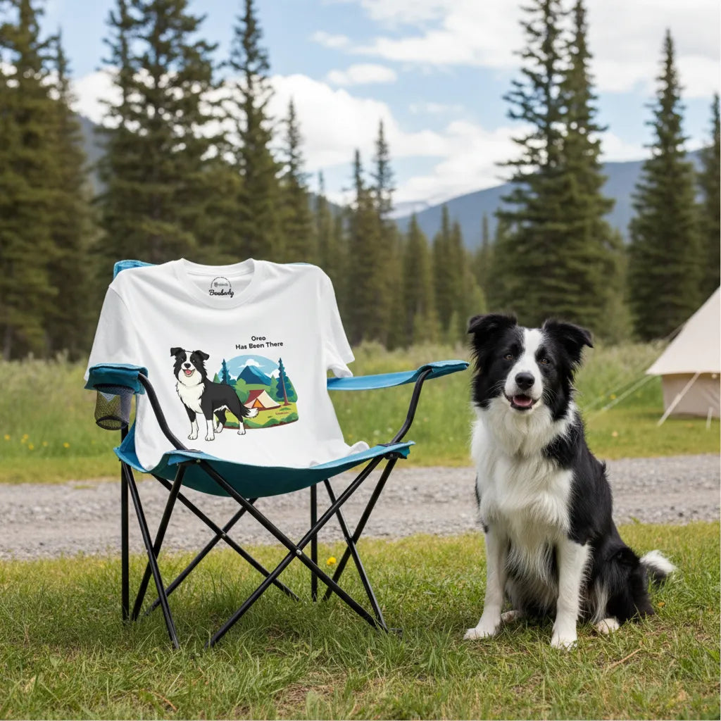 Personalized t-shirt with a dog illustration, dog name, "Has Been There" badge, and campsite illustration, hanging on a camping chair next to a Border Collie at a campsite. Outdoor Adventure Series.