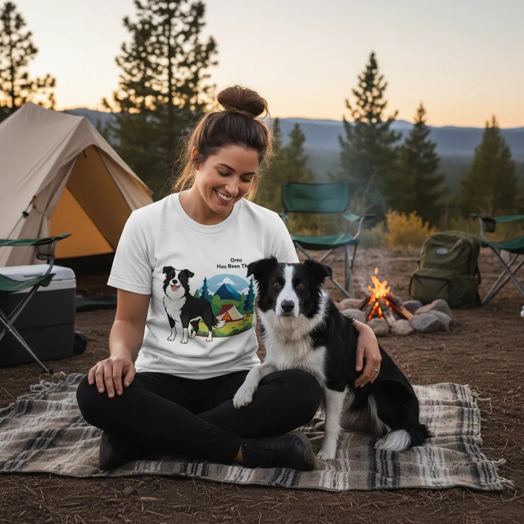 Female wearing a personalized t-shirt with a dog illustration, dog name, "Has Been There" badge, and campsite illustration, sitting next to a Border Collie at a campsite. Outdoor Adventure Series.