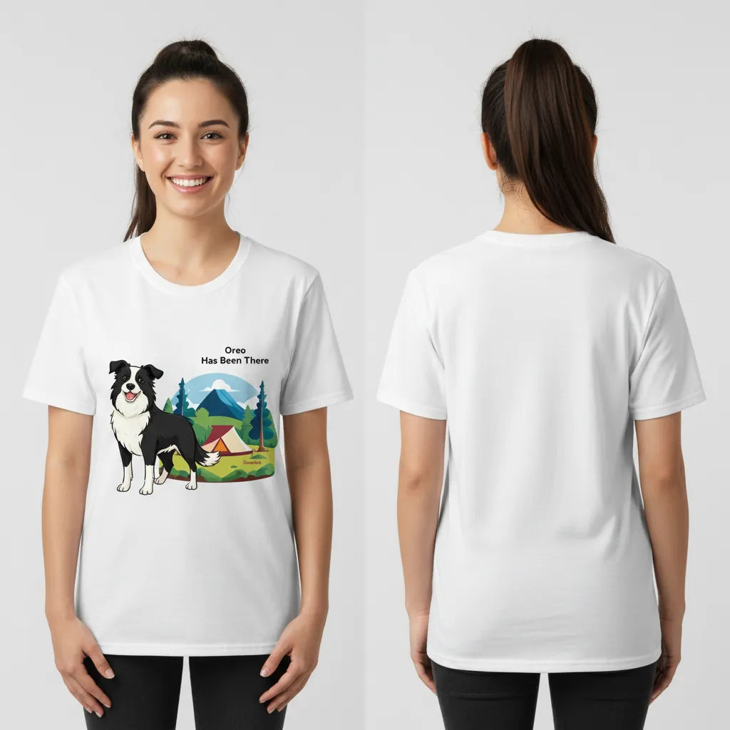 Female wearing a personalized t-shirt with a dog illustration, dog name, "Has Been There" badge, and campsite illustration, showing both the front and the back. Outdoor Adventure Series.