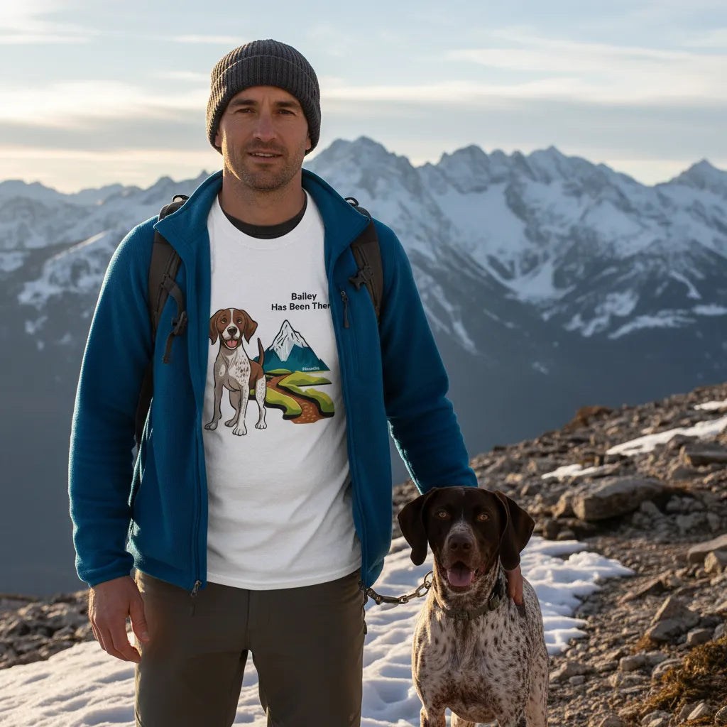 Male wearing a personalized t-shirt with a dog illustration, dog name, "Has Been There" badge, and mountain illustration, hiking with a German Shorthaired Pointer on a mountain. Outdoor Adventure Series.