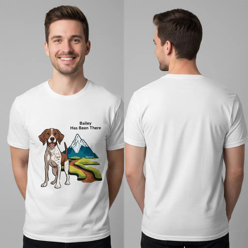 Male wearing a personalized t-shirt with a dog illustration, dog name, "Has Been There" badge, and mountain illustration, showing both the front and the back. Outdoor Adventure Series.