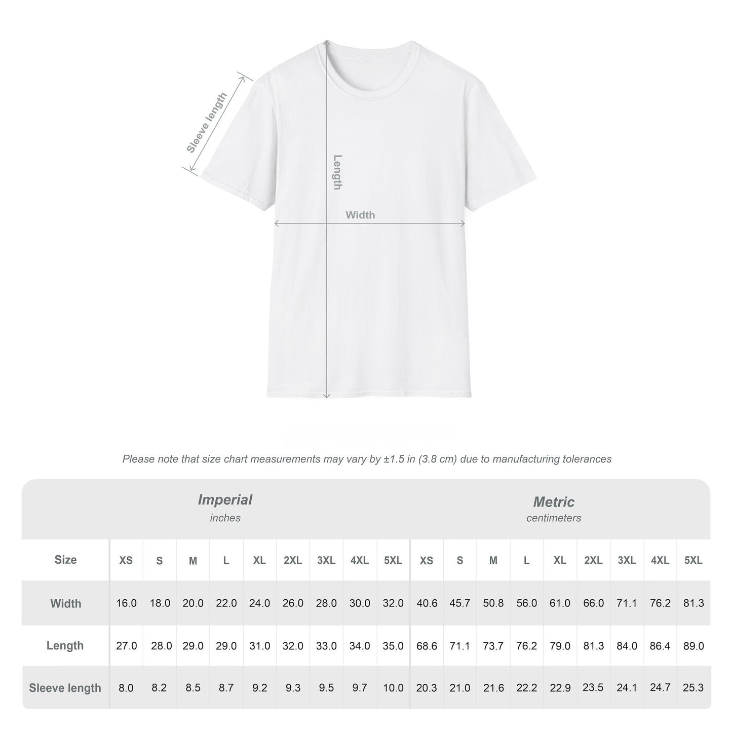 White t-shirt with measurement chart on a white background