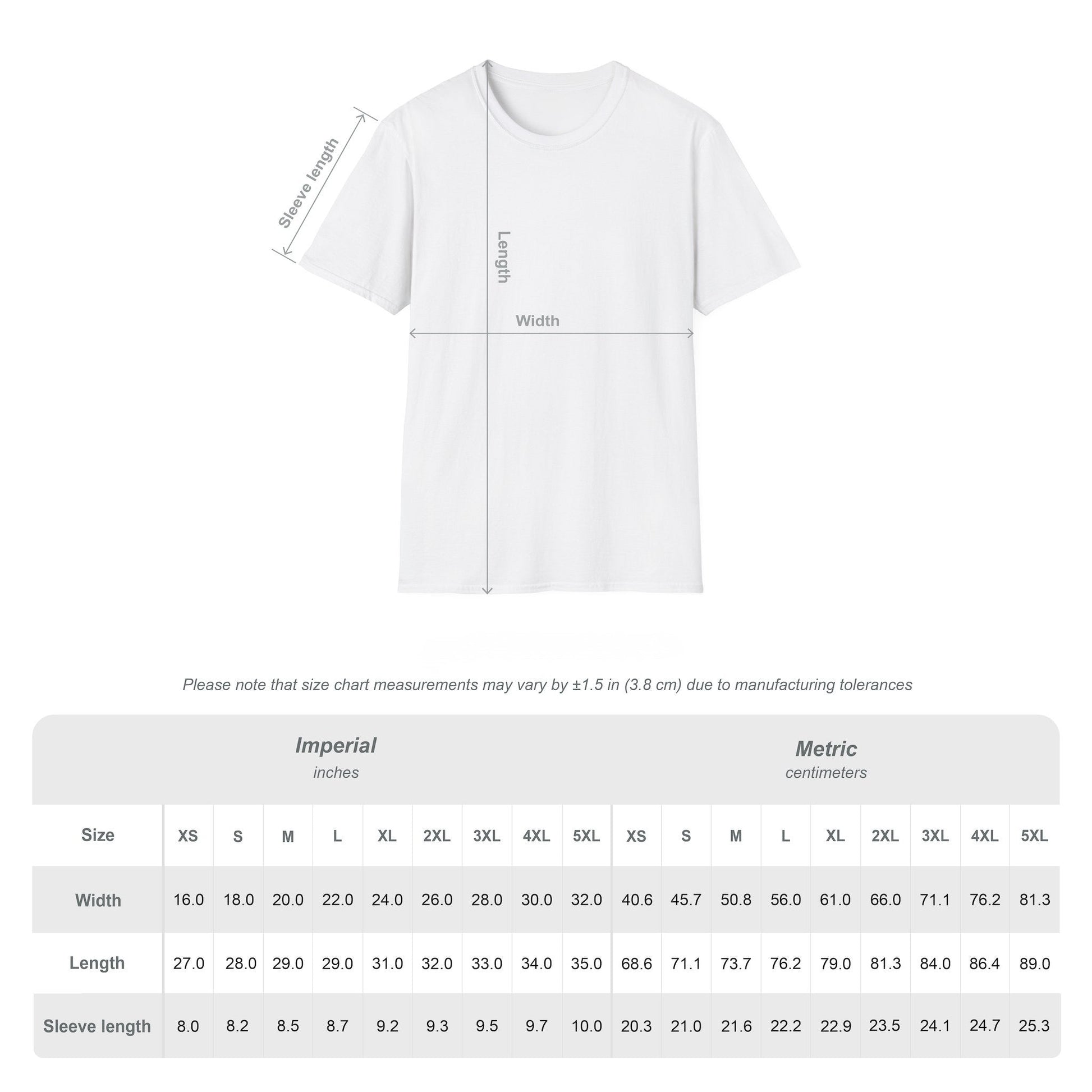 White t-shirt with measurement chart on a white background