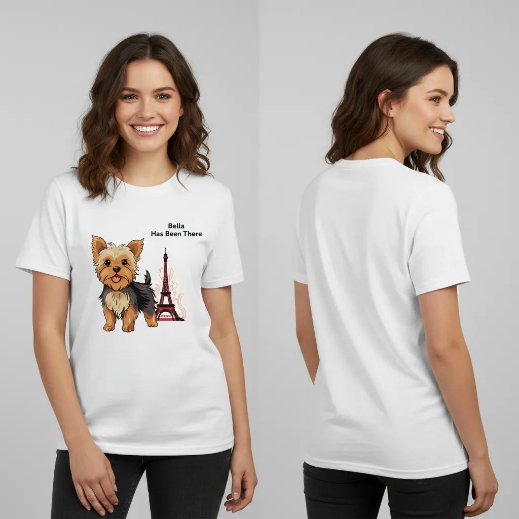 Female wearing a personalized t-shirt with a dog illustration, dog name, "Has Been There" badge, and France illustration, showing both the front and the back. World Travel Series.
