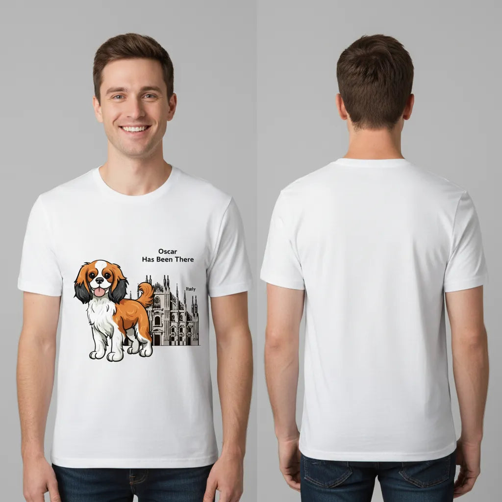 Male wearing a personalized t-shirt with a dog illustration, dog name, "Has Been There" badge, and Italy illustration, showing both the front and the back. World Travel Series.