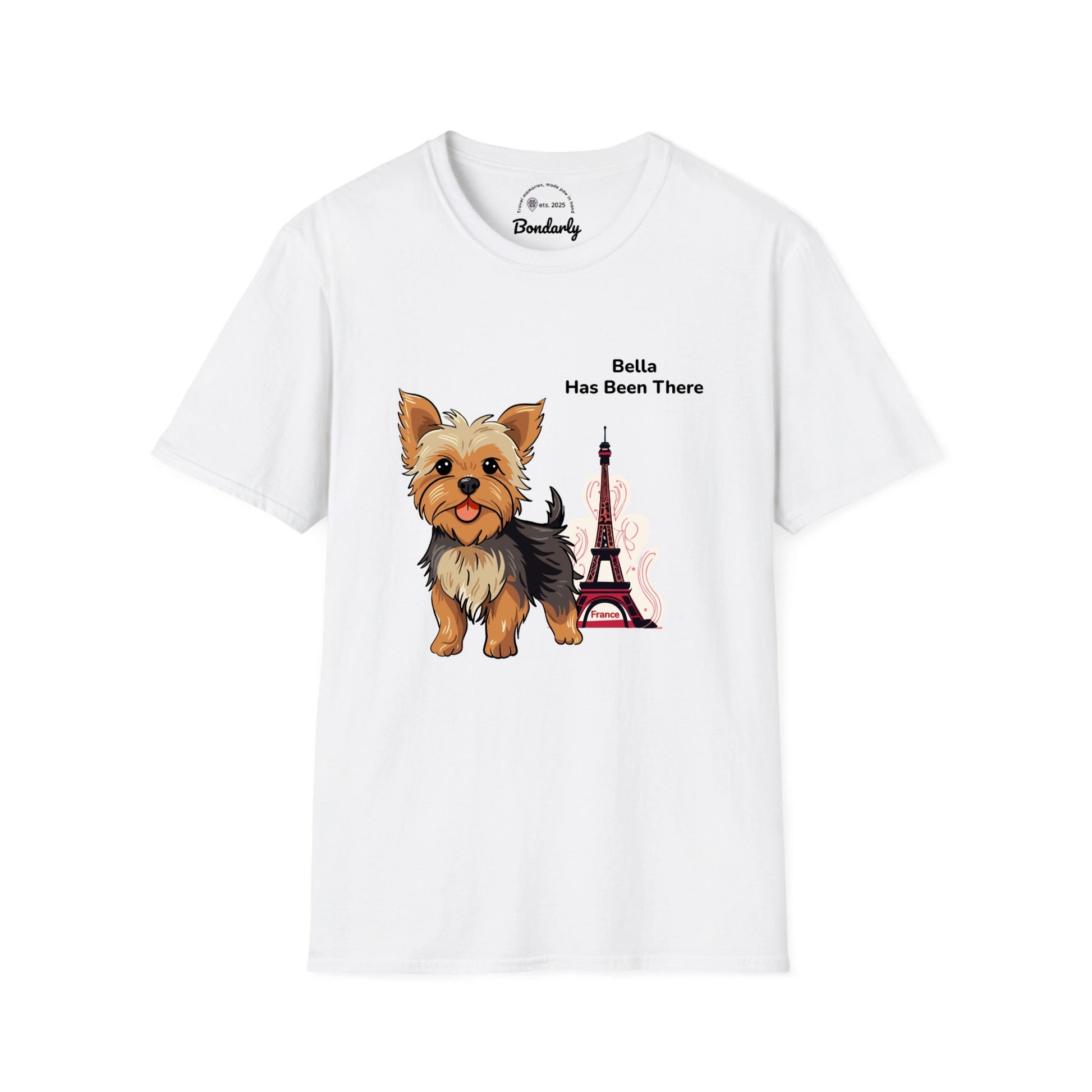 Personalized t-shirt with a dog illustration, dog name, "Has Been There" badge, and France illustration. World Travel Series.