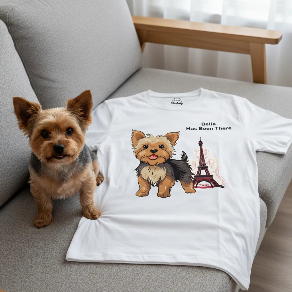 Personalized t-shirt with a dog illustration, dog name, "Has Been There" badge, and France illustration, lying on a couch with a Yorkshire next to it. World Travel Series.