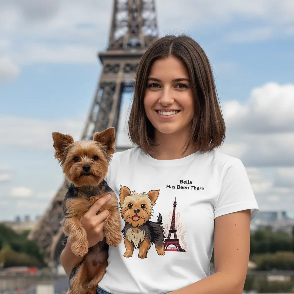 Female wearing a personalized t-shirt with a dog illustration, dog name, "Has Been There" badge, and France illustration, holding a Yorkshire dog in front of the Eiffel Tower. World Travel Series.