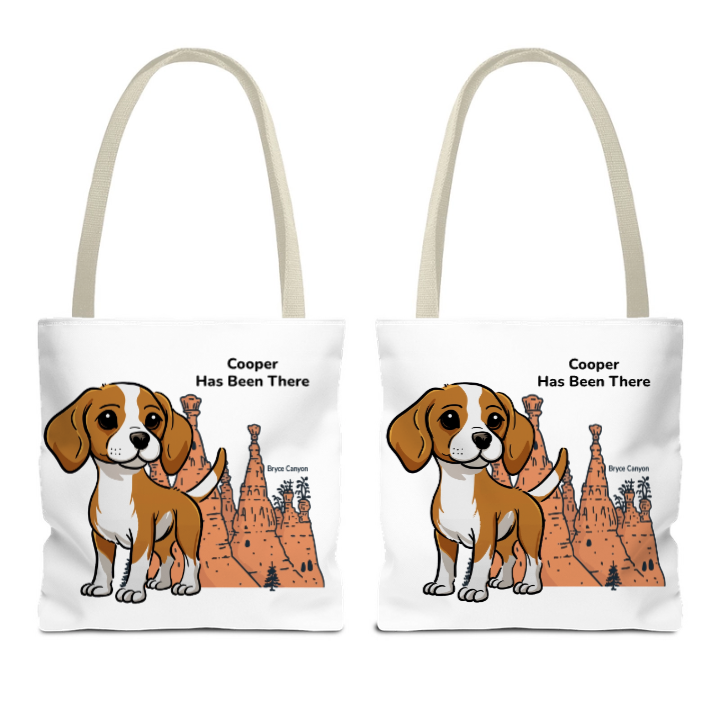 Personalized tote bag (front and back) with a dog illustration, dog name, "Has Been There" badge, and Bryce Canyon illustration. National Park Series.