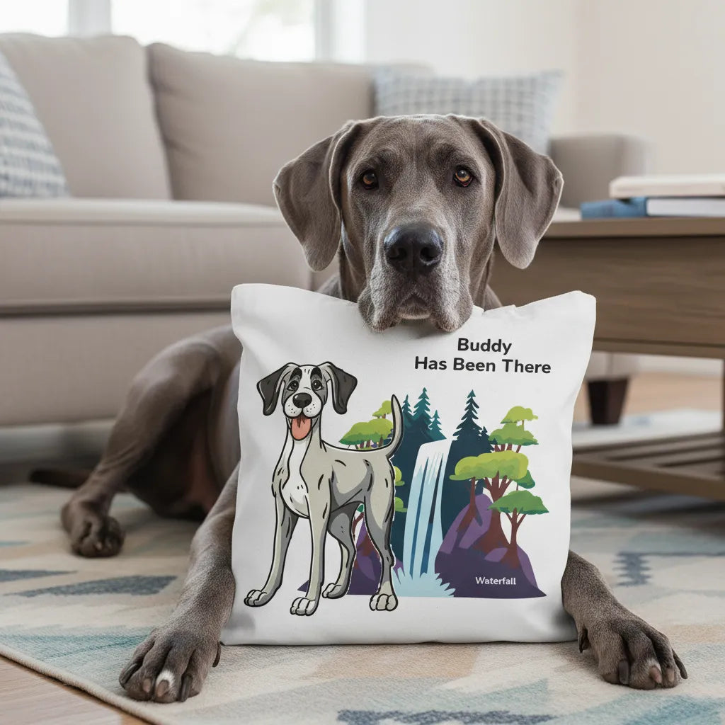 Personalized Tote bag with a dog illustration, dog name, "Has Been There" badge, and waterfall illustration, lying on the ground with a Great Dane next to it. Outdoor Adventure Series.
