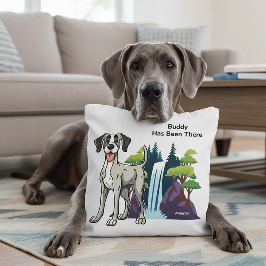 Personalized Tote bag with a dog illustration, dog name, "Has Been There" badge, and waterfall illustration, lying on the ground with a Great Dane next to it. Outdoor Adventure Series.