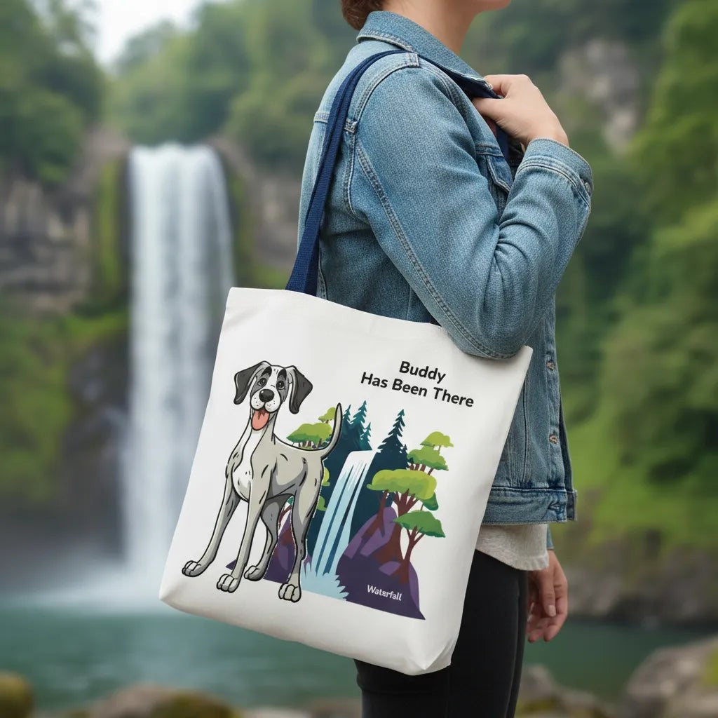 Person holding a personalized tote bag with a dog illustration, dog name, "Has Been There" badge, and waterfall illustration. Outdoor Adventure Series.