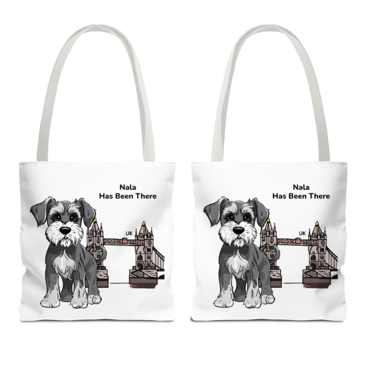 Personalized tote bag (front and back) with a dog illustration, dog name, "Has Been There" badge, and UK illustration. World Travel Series.