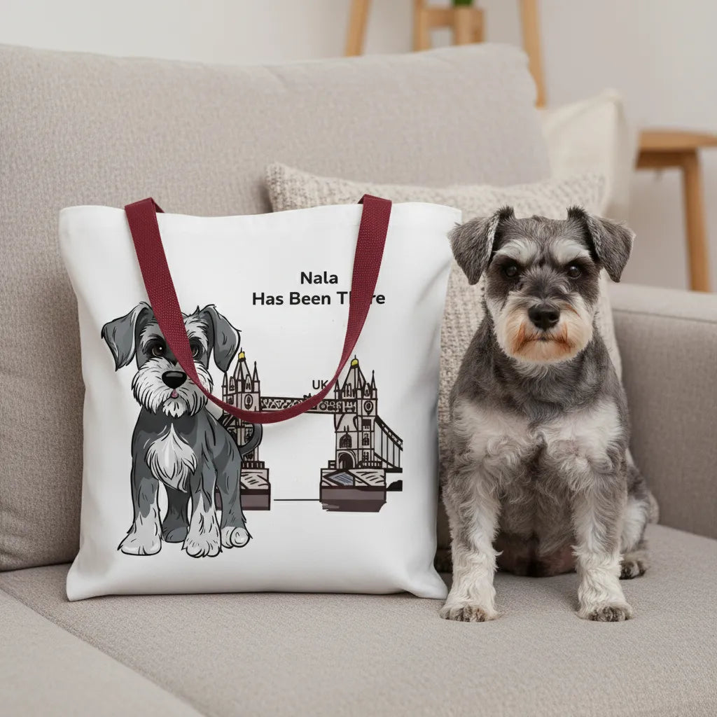 Personalized Tote bag with a dog illustration, dog name, "Has Been There" badge, and UK illustration, sitting on a couch with a Schnauzer next to it. World Travel Series.
