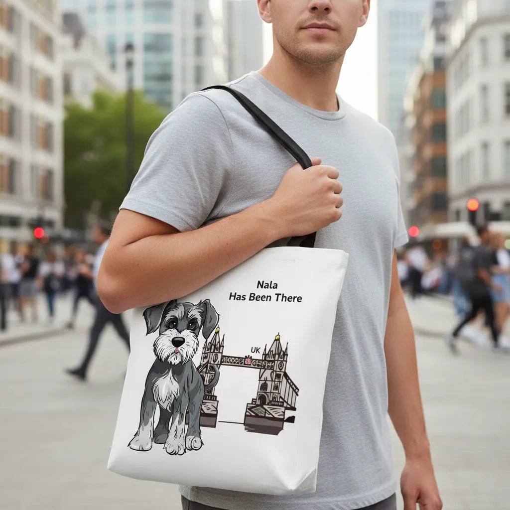 Person holding a personalized tote bag with a dog illustration, dog name, "Has Been There" badge, and UK illustration. World Travel Series.